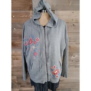 Caite Floral Embroidered Full Zip Hoodie Sz. XL 100% Cotton Raw Edge Pockets